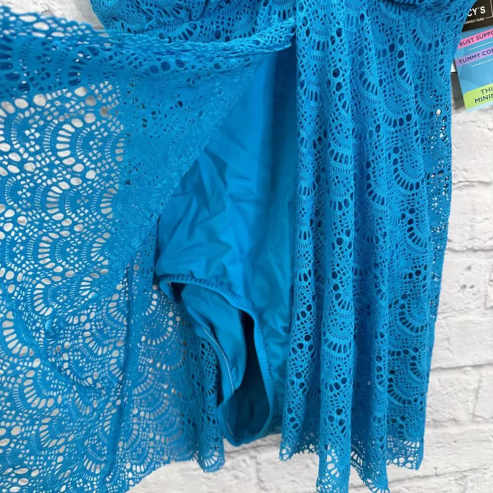 Swim Solutions One Piece Flyaway Slimming Swimsuit Teal Blue Size 10 Crochet New - Picture 5 of 8